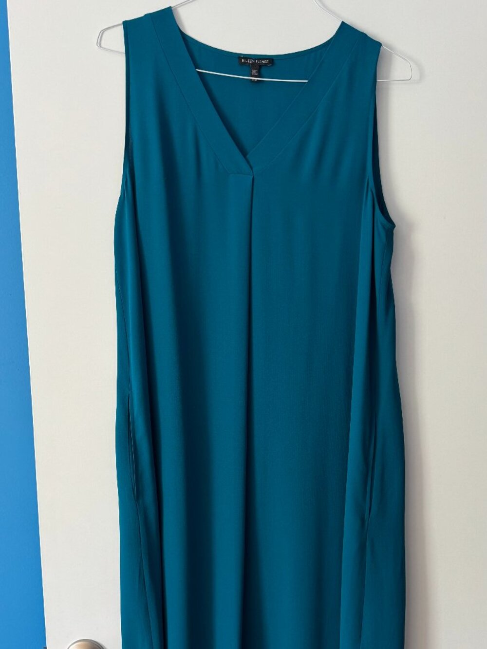 Eileen Fisher Teal Silk Crepe de Chine V-Neck Dress, Size Medium